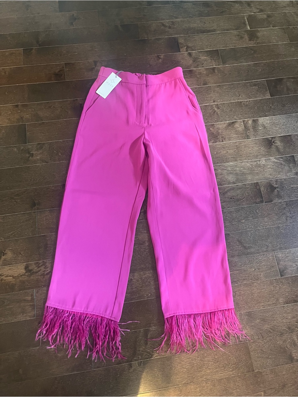 New Pink Feather Hem Wide-Leg Pants